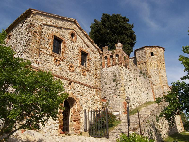 Antico castello in pietra con torre e mura, immerso nel verde.